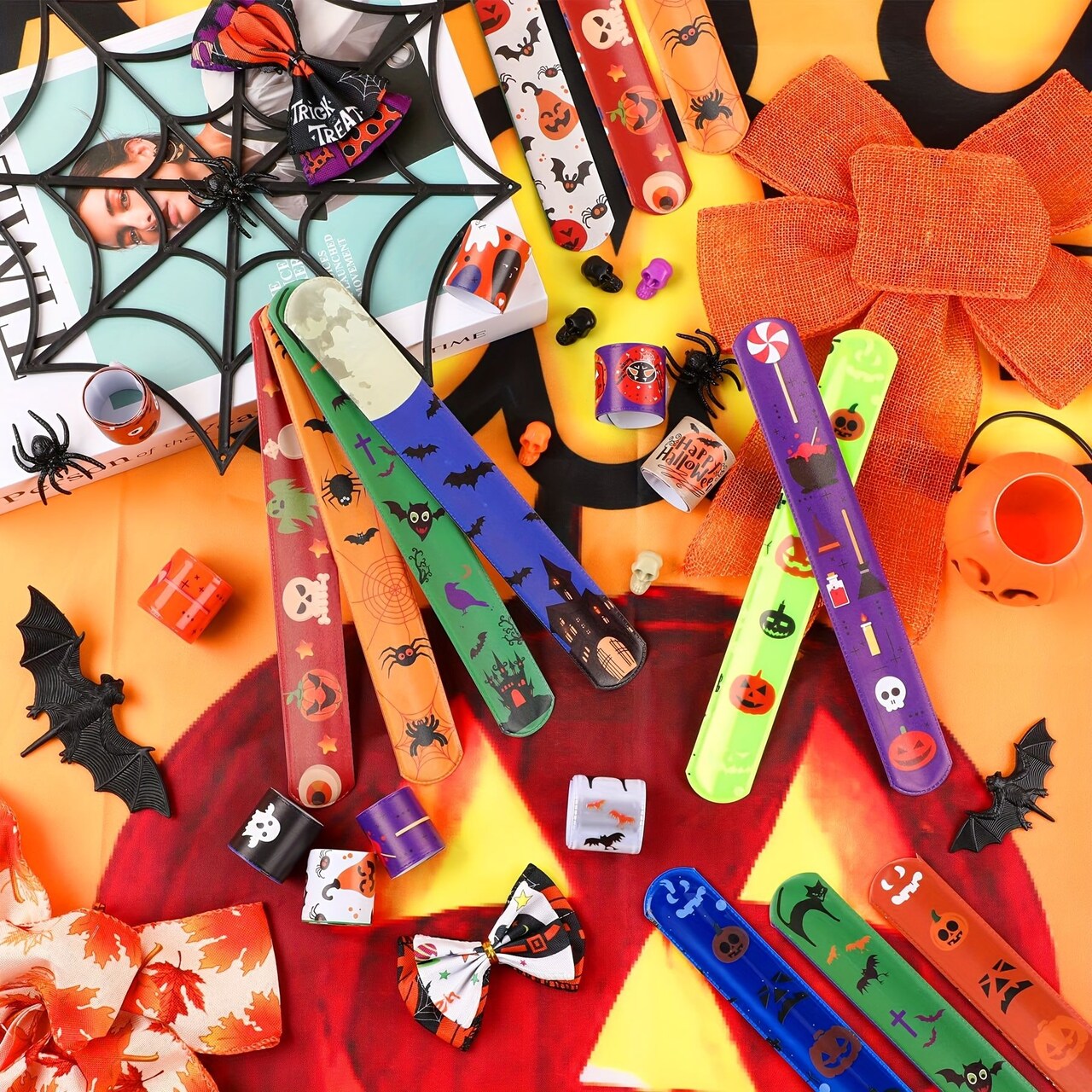 56 PCS Halloween Party Favors, Halloween Slap Bracelets, Snap Bracelets, Bulk Halloween Toys For Halloween Birthday Party Supplies